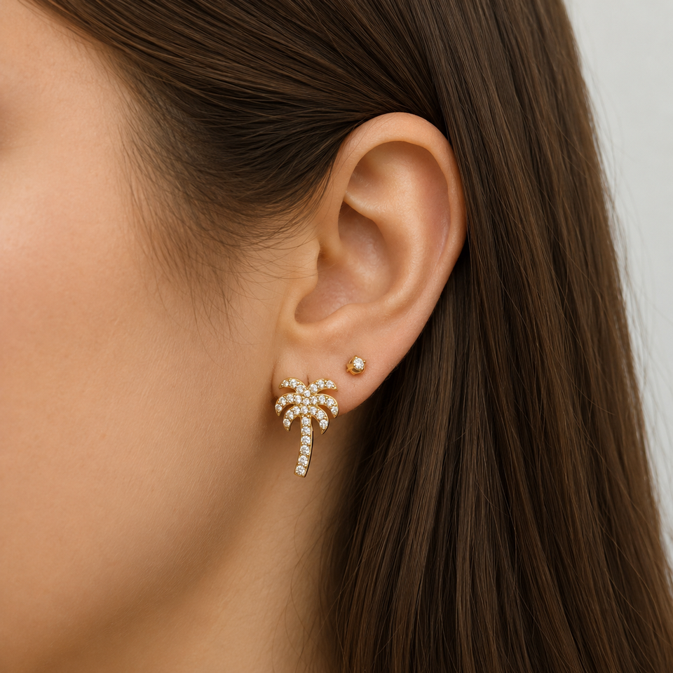 14K Palm Tree Diamond Stud Earrings Earrings IceLink-SVN
