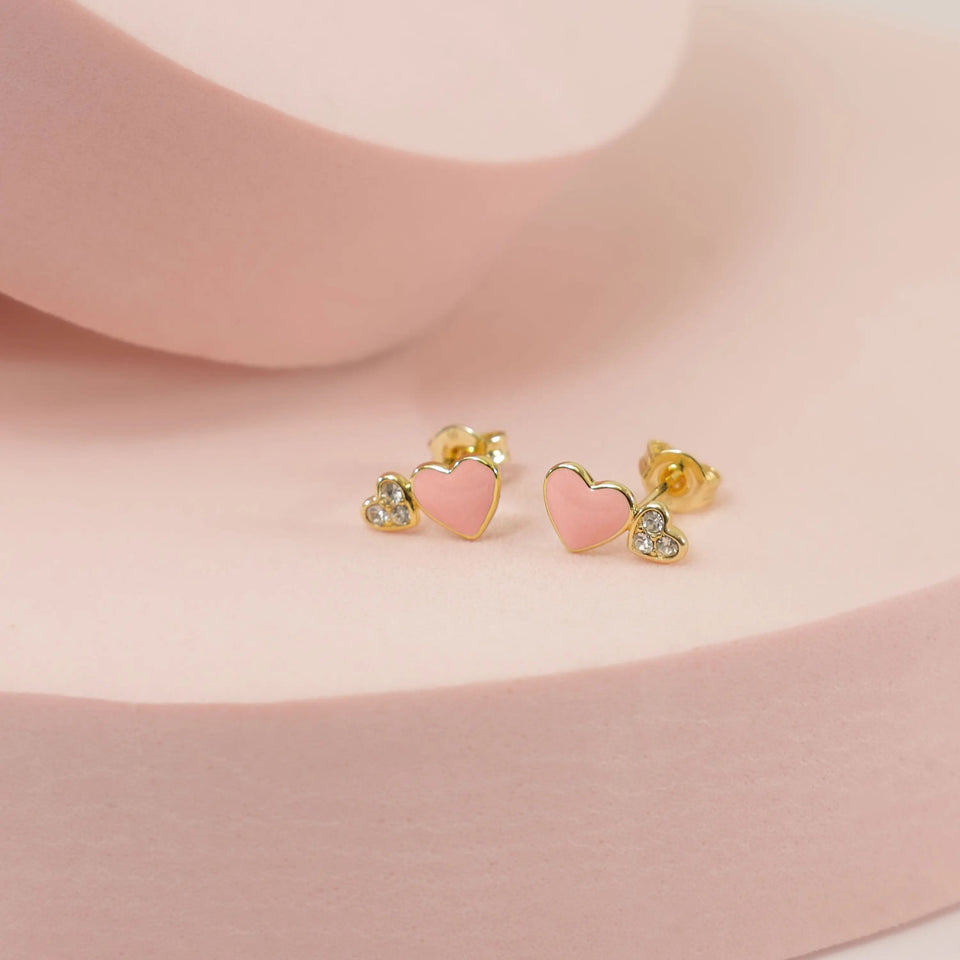 Kids Double Heart Enamel Studs Earrings IceLink-SKY Pink