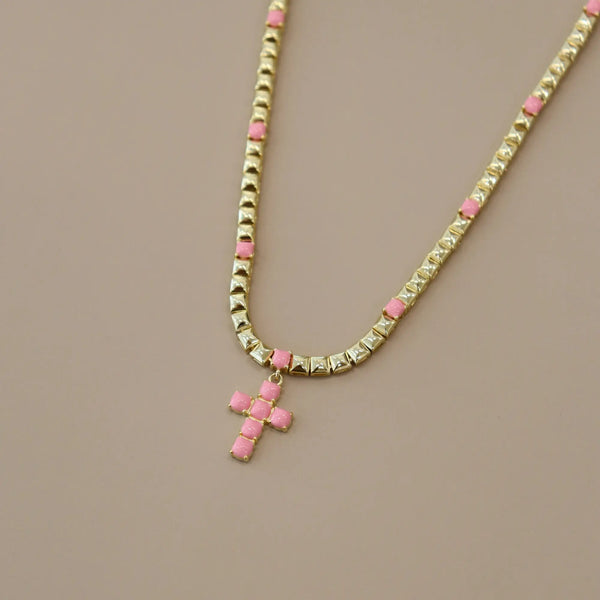 Pink Enamel Cross Necklace - IceLink