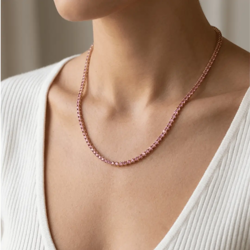 14K Gold Colorful Tennis Necklace 2.75mm Necklaces IceLink-CAL Pink 16"
