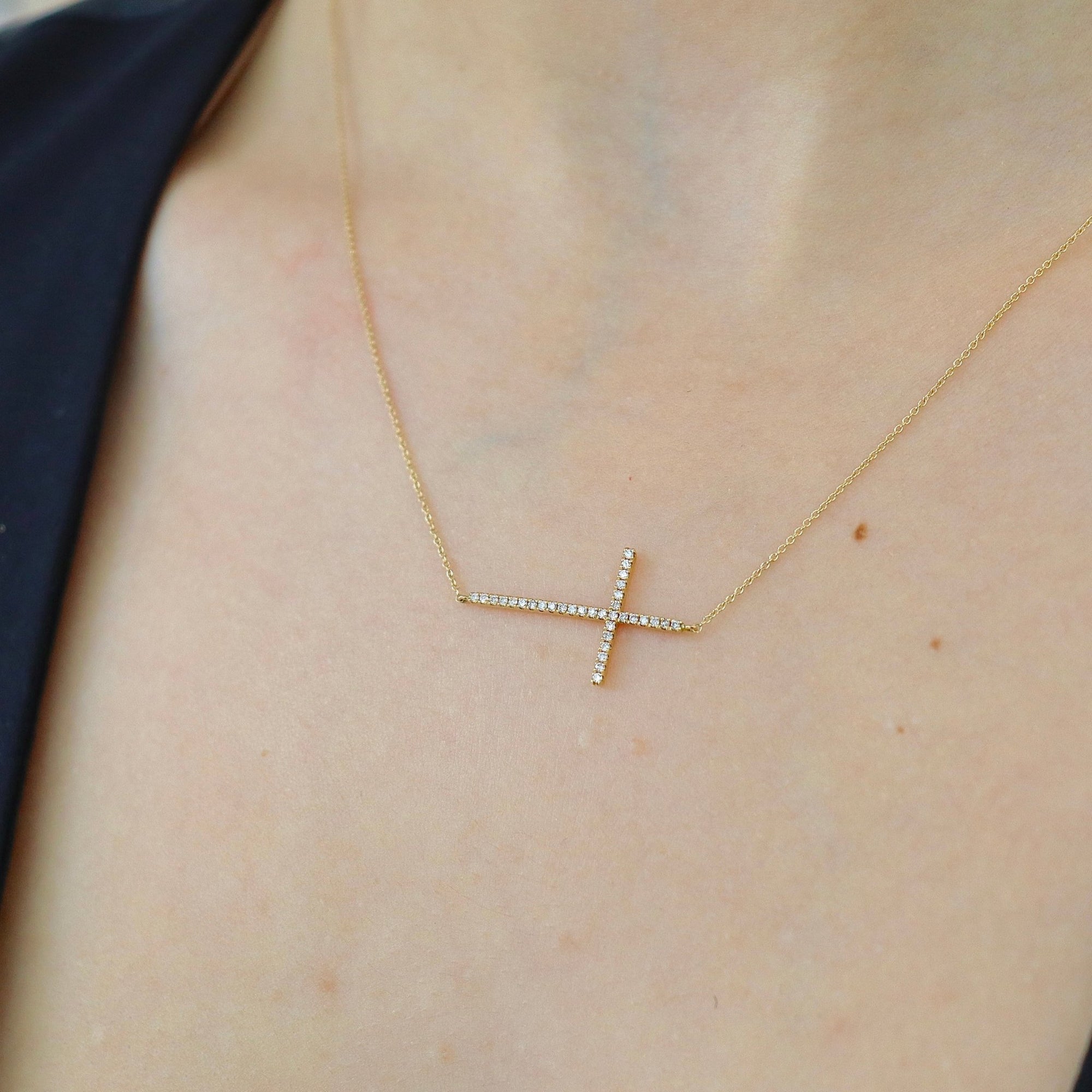 14K Sideways Cross Diamond Necklace Necklaces IceLink-SVN